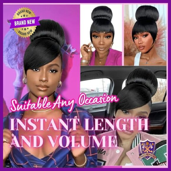 Extra Large Clip-In Bun & Bangs Set, Synthetic Hair Updo for Weddings & Parties